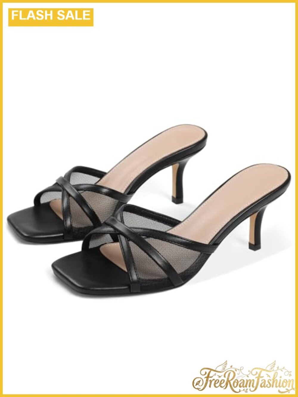 Kitten Heel Mesh Mule Heeled Sandals Square Open Toe Slip On Dress Heels